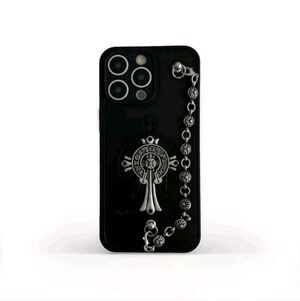 Stylish Black Chrome Hearts iPhone 13 Pro Max Case with Decorative Silver Chain